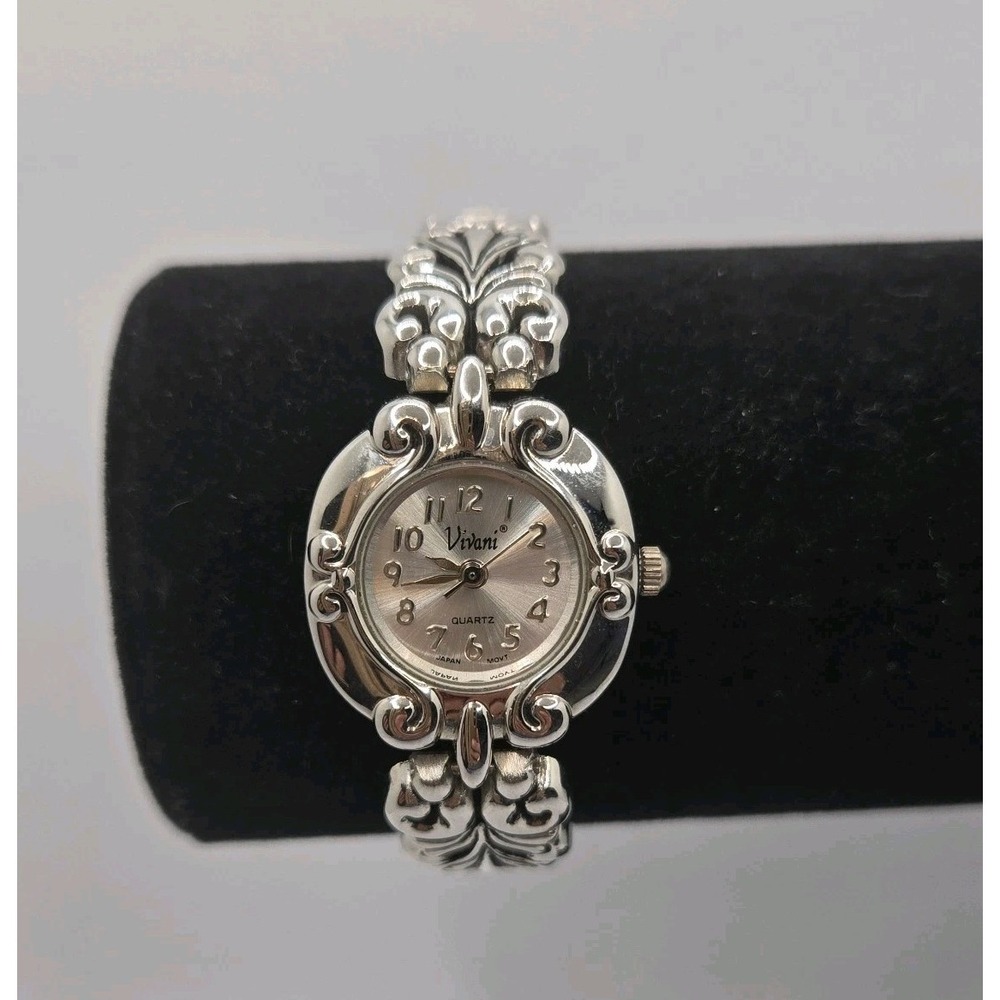 Vivani Silver‎ Tone Ornate Bracelet Watch Quartz Japanese Movement Stretch Band